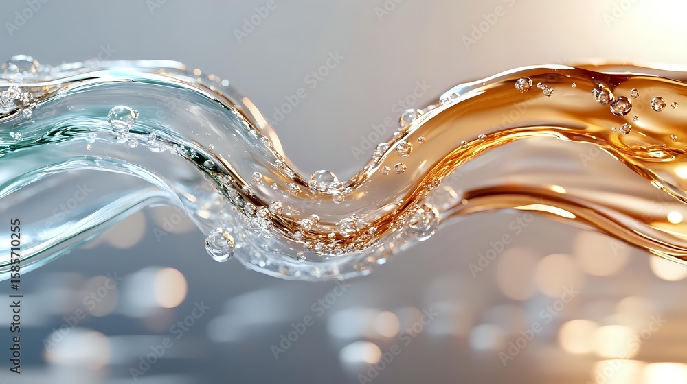 Poster dynamic collision of turquoise and amber liquid waves creating abstract splash with water drops and 