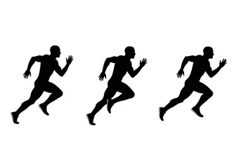 Three dynamic silhouettes of a runner in motion, capturing the energy and speed of a sprint, ideal for sports, fitness, and health-related designs.