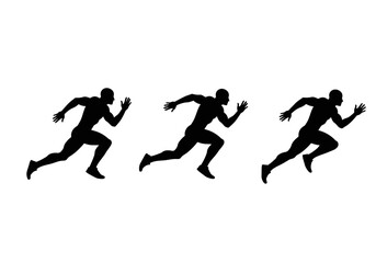 Three dynamic black silhouettes of a male sprinter in full stride, symbolizing speed, competition, and athletic achievement on a clean white background.