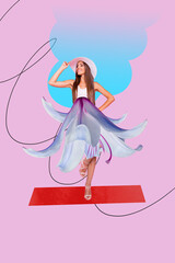 Trendy 3d poster image photo collage of happy glamour girl wear lily flower skirt spring season...