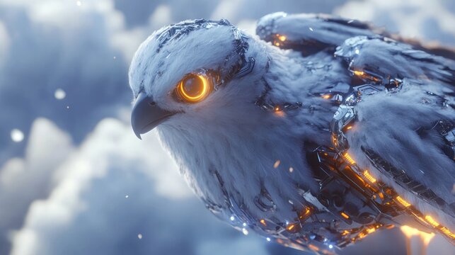 Futuristic flying bird against clouds