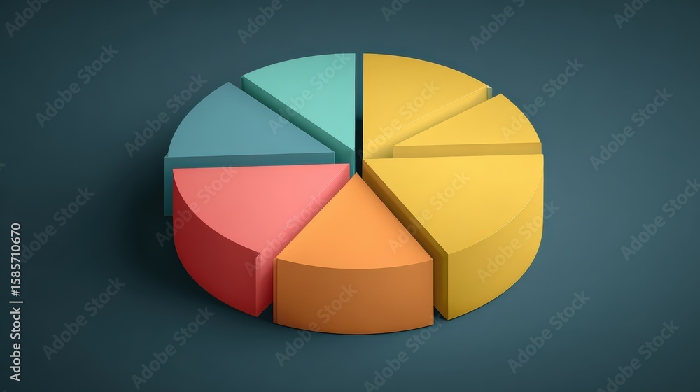 Poster a colorful 3d pie chart with six distinct segments displayed on a dark background.