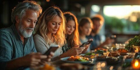 a family at the dinner table, everyone putting down their smartphones to talk, modern kitchen in the background