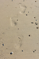 Imprints of human bare feet on the fine sand, on the beach smoothed by low tide. Footprints of human feet. Concept for travel and vacation. Beach near Cefalu, in Sicily, Italy. Travel to Italy. Relax.