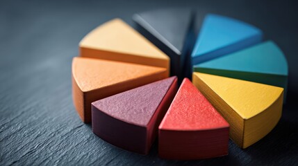 Colorful wooden pie chart segments arranged in a circle on a dark textured surface.