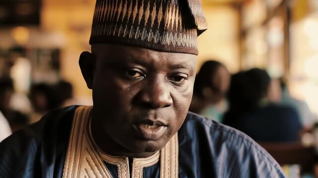 Thoughtful senior African man in a traditional Fila hat and Agbada having a serious conversation