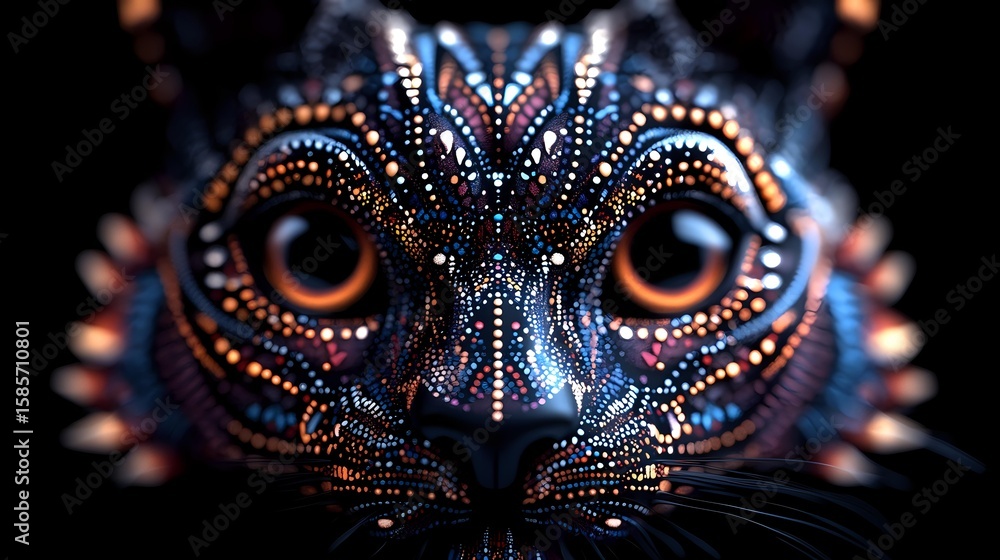 Poster mysterious glowing cat face in dark background with intricate dotted pattern and luminous orange eye
