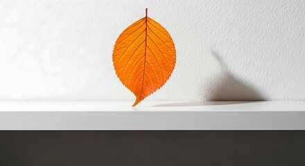 An orange autumn leaf casts a shadow on a white surface