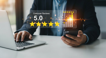 Person checking customer reviews and star rating on a digital interface