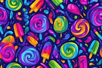 Fabric texture seamless pattern background Abstract Candy Swirls Bold sugary neon spirals and melting popsicle shapes on stretchy jersey for playful tween activewear