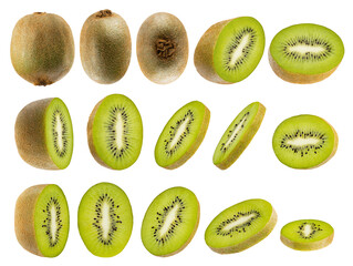 Kiwi fruit assortment, isolated on white background, closeup. Ripe juicy green kiwi fruit whole and...