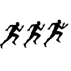 Dynamic black silhouettes of three male runners in full stride, symbolizing speed, progress, and competitive athletic performance on a clean white background.