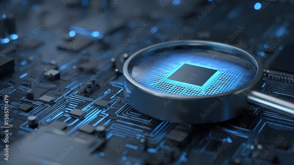 Poster a close-up of a microchip on a circuit board, highlighted under a magnifying glass, showcasing intri