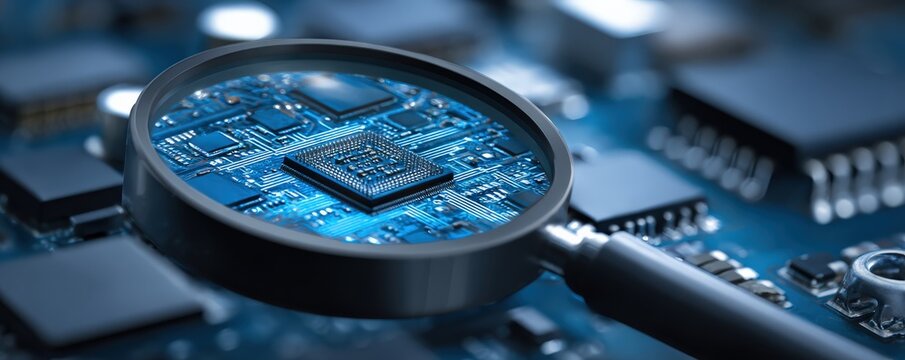 A magnifying glass focusing on a blue microchip circuit board, highlighting intricate electronic components and connections.