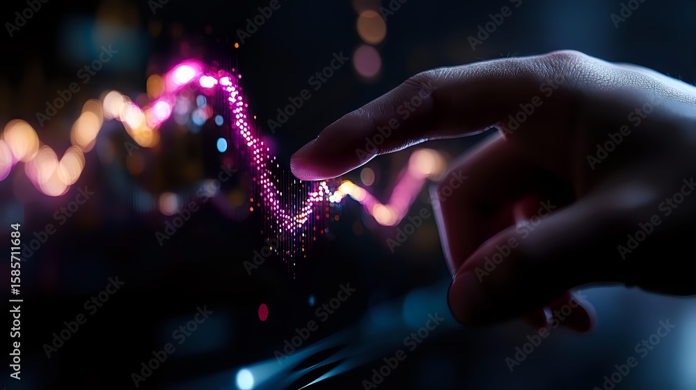 Poster magical glowing pink light trail following finger movement in dark space, creating ethereal wave pat