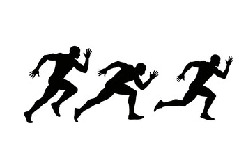 Obraz premium Three dynamic black silhouettes of male athletes are depicted in various stages of a powerful sprint against a clean white background, symbolizing speed and competition.