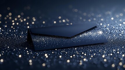 Elegant black envelope with glittering sparkles and bokeh effects on dark background creates luxurious and mysterious atmosphere for special occasions and events.