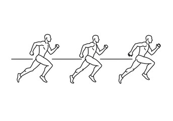 Three line art figures of runners in various stages of a running stride, ideal for animation, sports, fitness, or exercise illustrations, offering a clean and minimalist aesthetic.