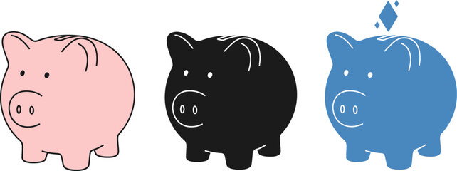 Three stylized piggy banks in pink black and blue with a diamond on top