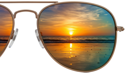 Sunglasses reflecting a beach sunset isolated PNG with Transparent Background