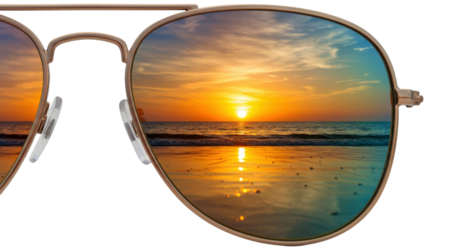Sunglasses reflecting a beach sunset isolated PNG with Transparent Background - Powered by Adobe
