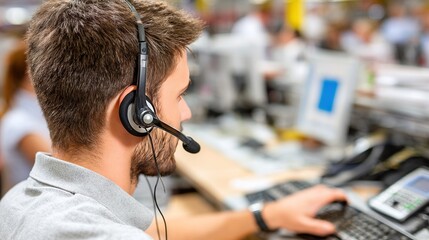 Customer service representative wearing a headset assisting clients in a busy call center environment with multiple monitors and blurred background staff