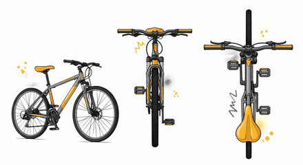 Explore with Mountain Bike A Detailed Illustration from Side, Front, and Top Angles