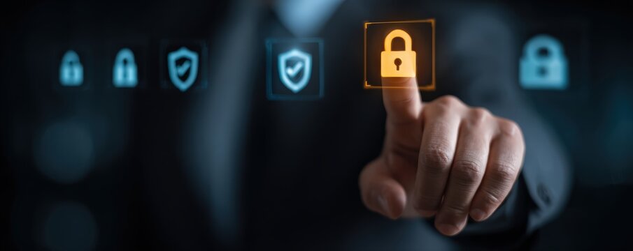 A person touches a glowing digital lock icon among multiple security symbols, representing cybersecurity and data protection.