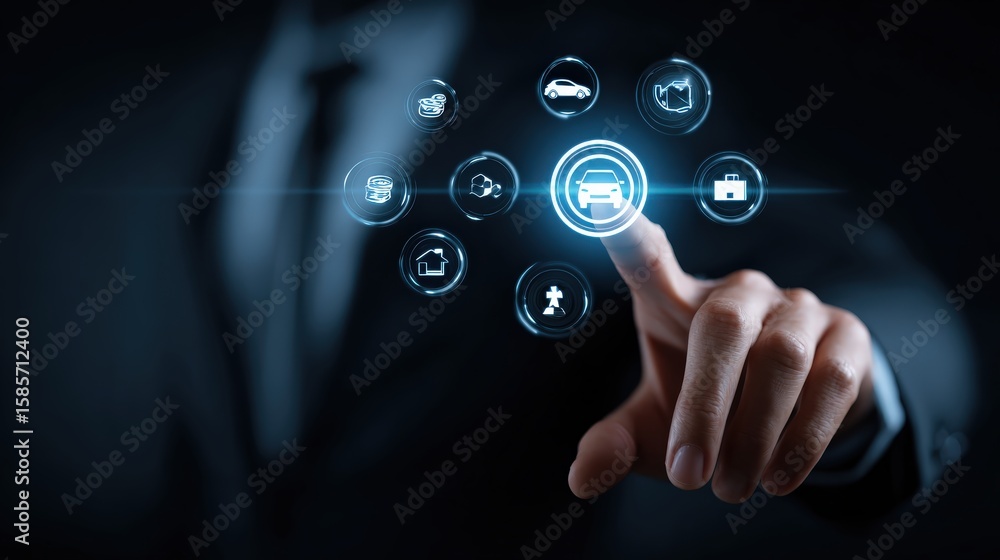 Poster a person interacts with a futuristic digital interface featuring icons related to car services and s