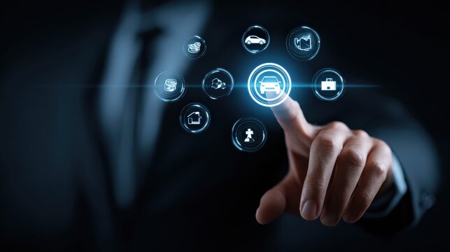 A person interacts with a futuristic digital interface featuring icons related to car services and smart technology.
