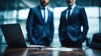 Modern office scene with two business professionals in dark suits standing behind sleek desk with open laptop and documents suggesting strategy