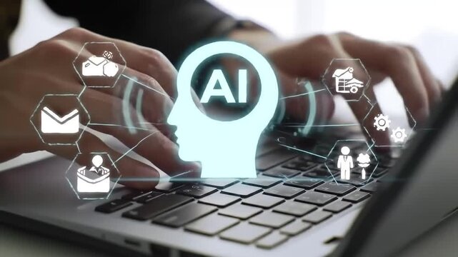 Person types on a laptop keyboard with a head icon and AI text overlayed with mail and building icons in a geometric pattern