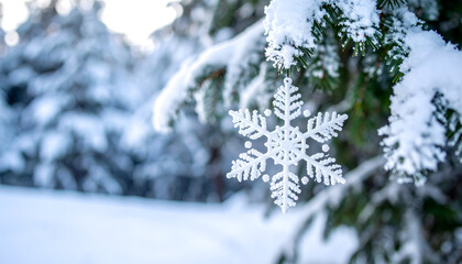 Closeup of a Delicate Snowflake on a Snowy Evergreen Branch