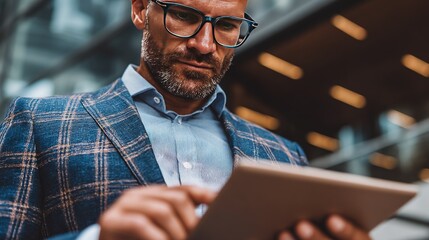 Focused businessman in checkered blazer using digital tablet in contemporary office environment, showcasing technology-driven professional approach