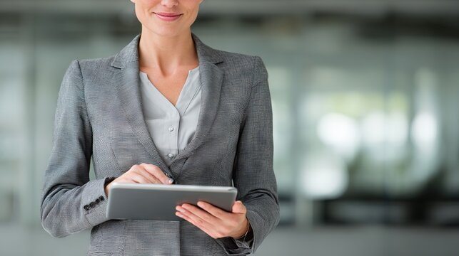 Confident businesswoman in grey suit using digital tablet in modern office setting, demonstrating technology and professional efficiency