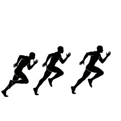 Fototapeta premium Three dynamic black silhouettes of a male athlete sprinting forward, illustrating speed, motion, and athletic performance on a clean white background.