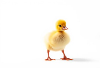 Obraz premium A tiny, fluffy yellow duckling playfully poses against a bright white background, illuminated by studio lighting, cute, yellow chick