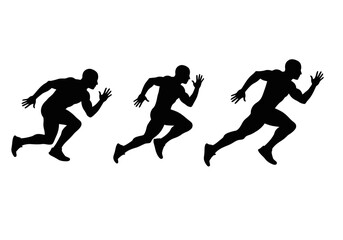 Three dynamic black silhouettes of a male runner in various stages of a sprint, isolated against a clean white background, illustrating speed and progress.