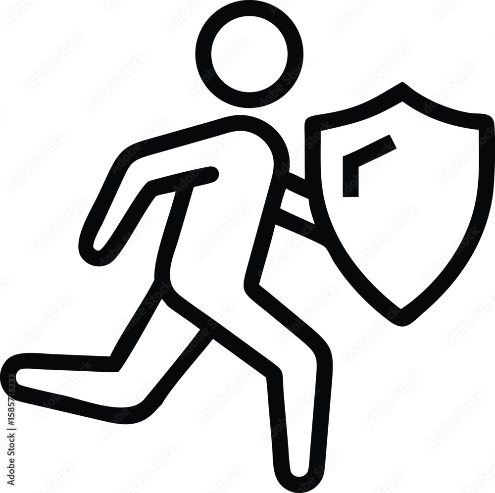 Poster line art of person running with shield for protection and security concept