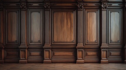 High-quality photo of classic premium luxury wood paneling wall background or texture. Highly crafted traditional wood paneling wall and floor, with a frame and column pattern.
