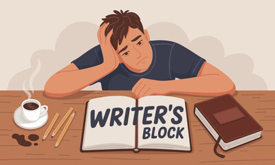 Obraz premium Illustration of a man experiencing writer's block, resting his head on his hand with an open notebook displaying 