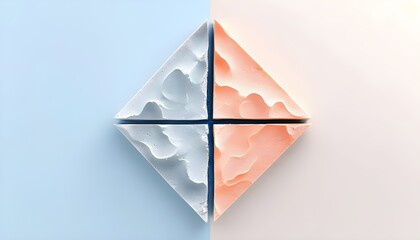 Minimalist Abstract Design Featuring Four Textured Triangles in Diamond Arrangement; Soft Blue and Peach Pastel Split Backgrounds, Clean Lines, Geometric Symmetry, Modern Art, Peaceful Color Palette,