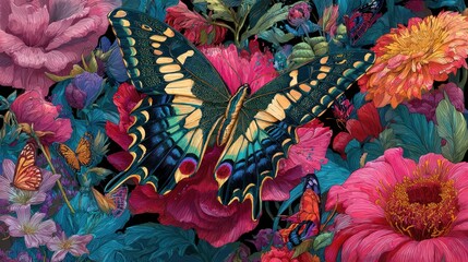 Vibrant butterflies resting amid lush, colorful blooms on a dark backdrop