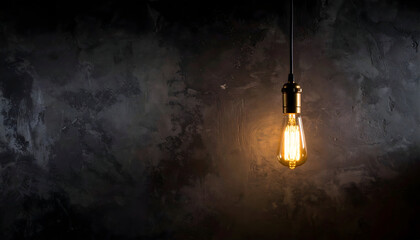 Vintage Edison Bulb Hanging Against Dark Concrete Wall