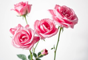 Fototapeta premium Delicate pink roses, fully bloomed, petals unfurled against pure white backdrop, closeup, flowers