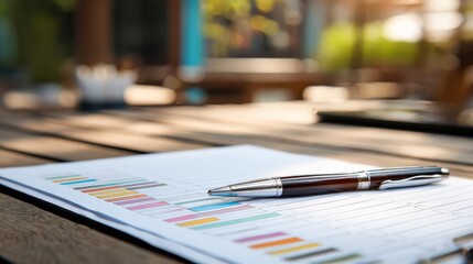 A pen rests on printed charts with colorful bar graphs on a wooden table, blurred outdoor background with warm lighting.