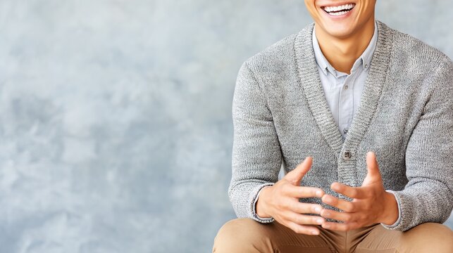Cropped image of casually dressed professional smiling warmly with open hand gestures suggesting approachability and friendly communication