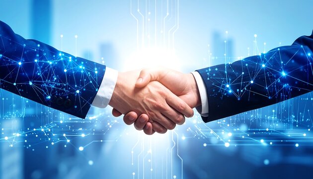 Business handshake with digital network overlay (1)