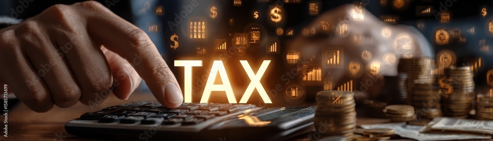 Poster hands calculating taxes on a calculator with illuminated 