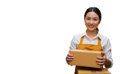 Smiling Asian woman holding cardboard boxes isolated PNG with Transparent Background